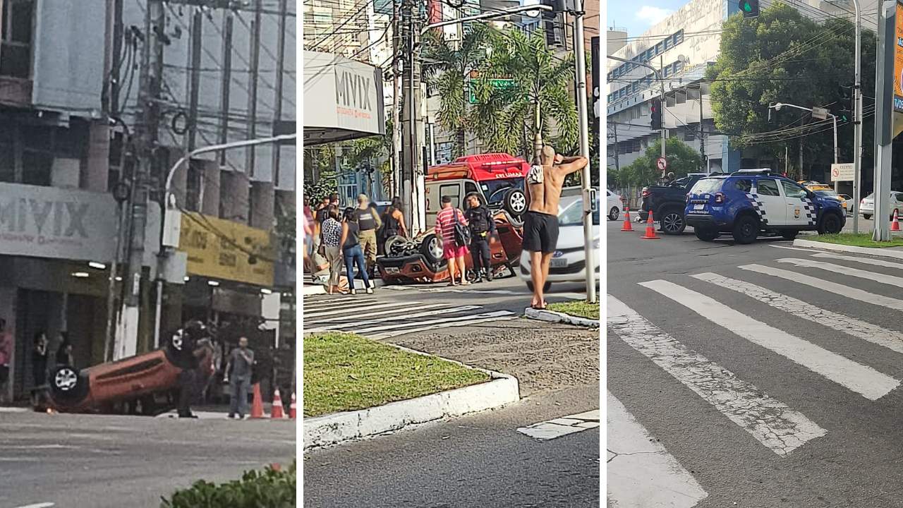 Casal de idosos fica ferido após carro capotar em cruzamento na Reta da