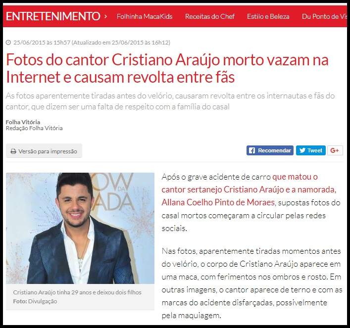 Divulgação de imagens do corpo do cantor Cristiano Araújo revolta fãs em  todo o Brasil