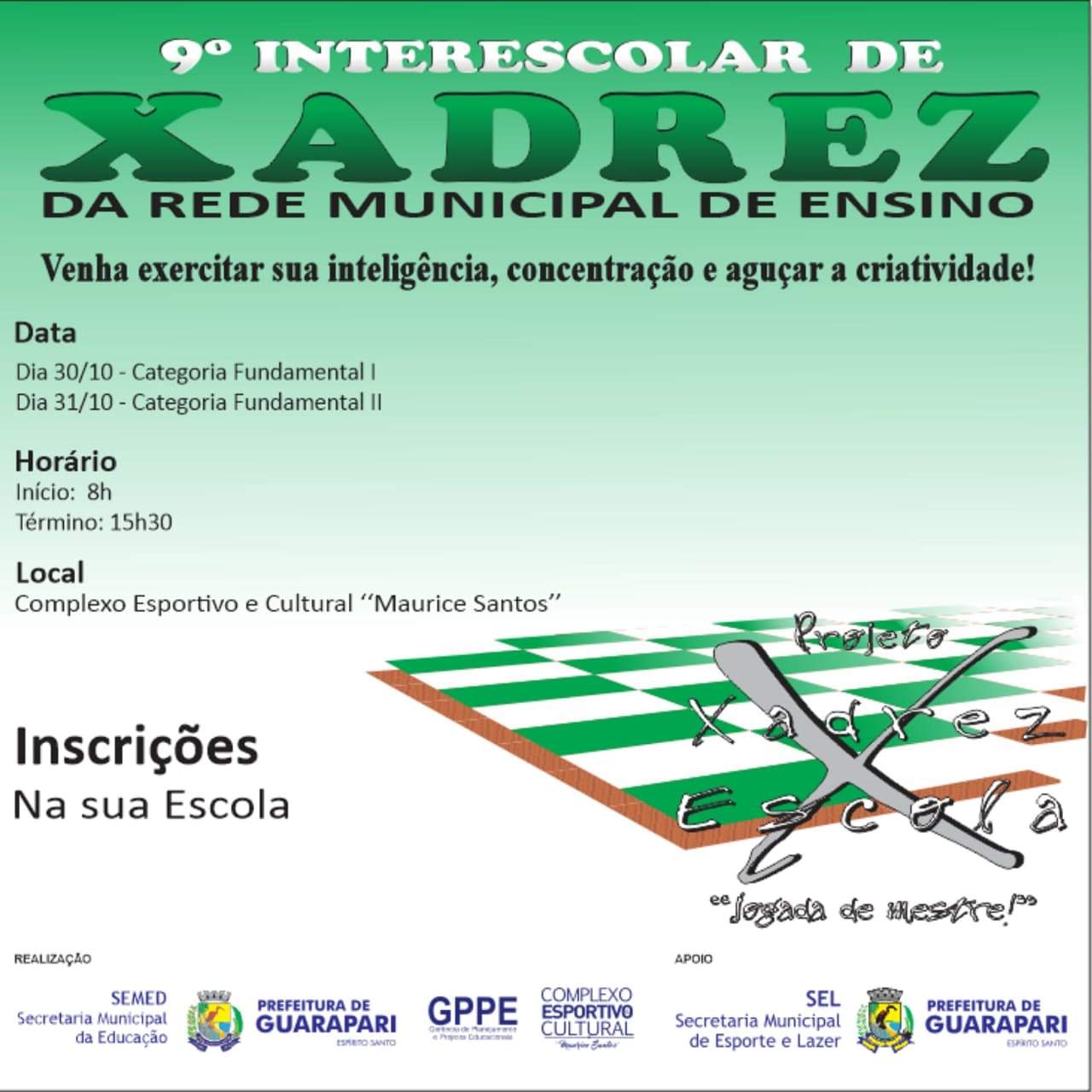 Segunda etapa do Campeonato Municipal de Xadrez acontece neste sábado (08)  em Guarapari 